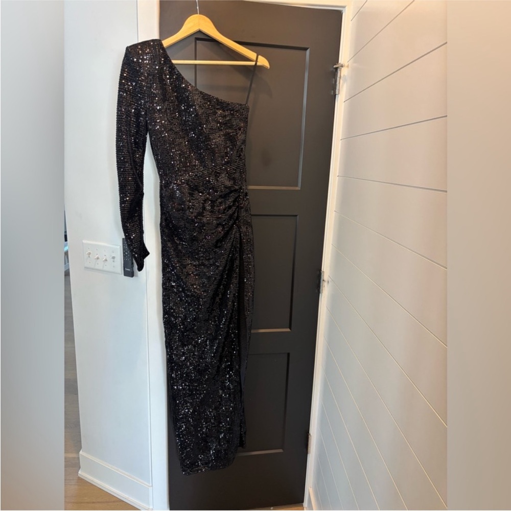 Revolve Michael Costello Terri gown Sequin One Shoulder Side Slit dress black - Picture 5 of 10